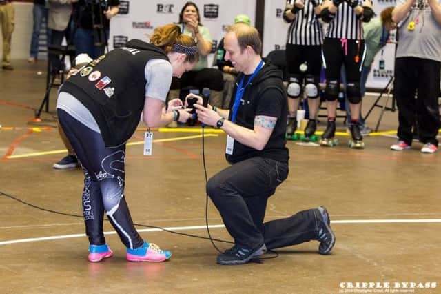 Russ proposes to Michelle at the Roller Derby world cup finals SUS-161202-120455001