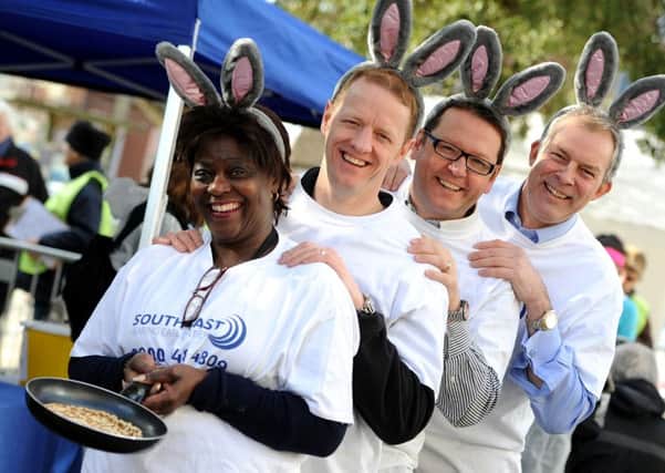 Rotary Club of Horsham's annual community pancake race hosted by Dave Benson Phillips. South East Hearing Care Centre. Pic Steve Robards   SR1604962 SUS-160216-152653001
