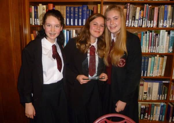 The winning Glebelands intermediate Youth Speaks team: Chairperson: Cicely Dibben, Speaker -  Hannah Large and Proposer of vote of thanks - Katie Welland SUS-160217-120544001