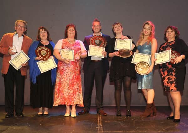 Harry Atkinson, director of A Midsummer Night's Dream, with Tobias Clay's award for best male actor; Be My Baby director Sally Diver; The Rise and Fall of Little Voice actress Bob Woodman with Claire Lewis's award for best female actress; director Tony Bright; Players Player Anita Jones ; most promising youth member Phoebe Cook and best supporting actress Debbie Creissen