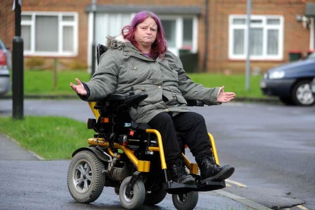 Crawley disabled woman Lynne Boyd is having her wheelchair taken away after Department of Work and Pension lost her form they asked her to hand in as part of a disability benefits shake up. SR1605458 Pic Steve Robards
