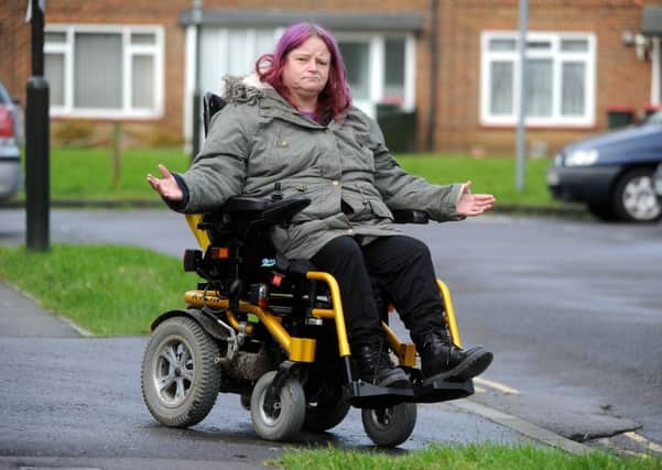 Crawley disabled woman Lynne Boyd is having her wheelchair taken away after Department of Work and Pension lost her form they asked her to hand in as part of a disability benefits shake up. SR1605458  Pic Steve Robards