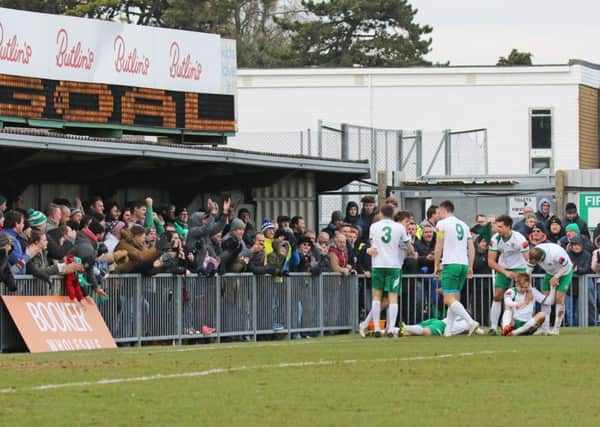 The Rocks celebrate the all-important goal that beat Torquay / Picture by Tim Hale