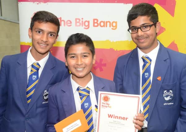 Year 10 students at Hazelwick School Krishen Mistry, Nirav Nayee and Shivam Patel, who will be competing in the finals of the 2016 National Science and Engineering Competition (NSEC) at the NEC Birmingham from March 16-19 2016 - picture submitted