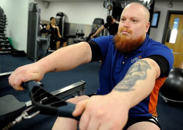Dave Stone in training for a marathon indoor rowing event to raise cash and awareness for the charity Oscars Wish Foundation which helped him and his wife after their baby died. Pic Steve Robards  SR1606908 SUS-160229-171056001