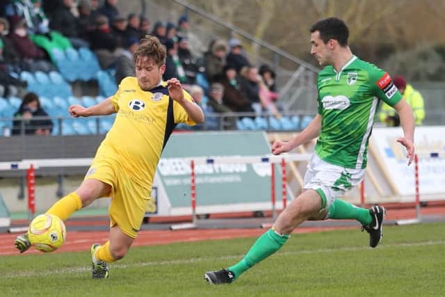 Chris Cumming-Bart on the ball for Hastings United during their 4-1 win away to Guernsey. Picture courtesy Scott White