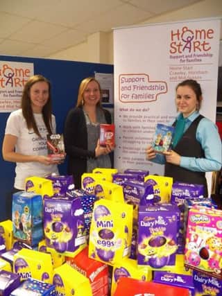 Gatwick Airport Your Service Centre collects 85 Easter eggs from passenger, which will be donated to the familt charity Home-Start. Picture L-R are Emma Kendall from Your Service Centre, Jacquie Thomas of Home-Start and Tabitha Allam from Your Service Centre - picture submitted