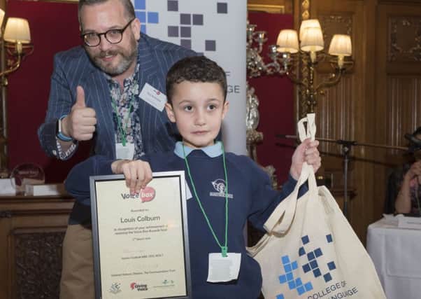 Louis Colburn from Ifield Crawley is one of 20 children through to the VoiceBox joke-telling competition final held at Speakers House, Westminster in London. Pictured with children's author and judge Gary Northfield - picture submitted