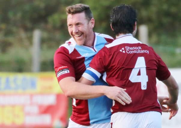 Sean Ray struck twice on his 35th birthday to go past 50 goals for Hastings United. Picture courtesy Joe Knight