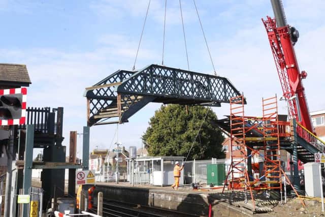 The footbridge being removed from Lancing station. Picture by Eddie Mitchell