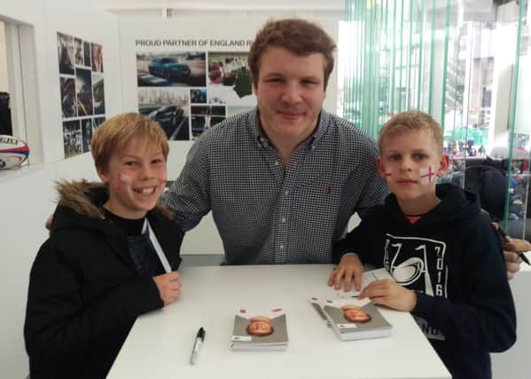 Oliver Schlup and Toby Vander meet Joe Launchbury at the home of England Rugby