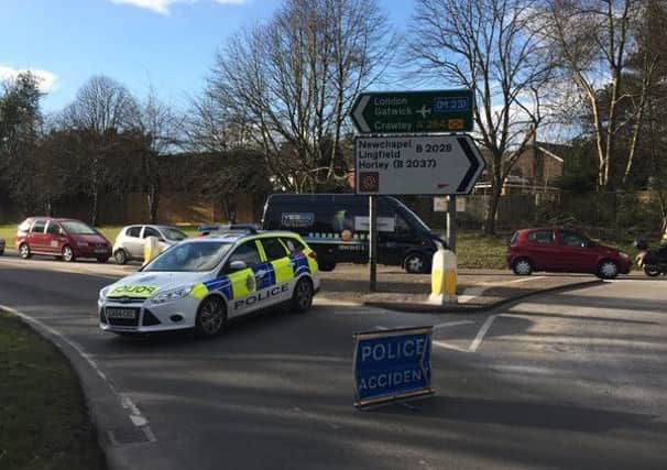 The A264 Copthorne Common Road is closed following a collision. Photo by East Grinstead police