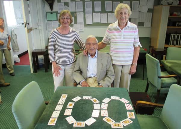 Alan Jeffery at Worthing Bridge Club in 2014, celebrating his 100th birthday