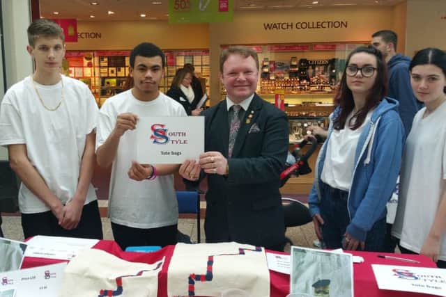 Torfield School and Saxon Mount School students sold tote bags at the Priory Meadow trade fair as South Style and Brett McLean decided who won