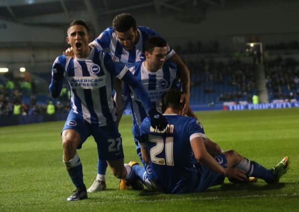 Albion players celebrate the winning goal against Reading last night. Picture by Angela Brinkhurst