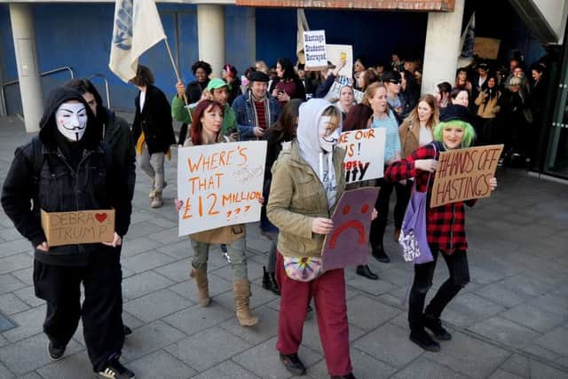 Demonstration outside University of Brighton in Hastings. SUS-160317-144451001