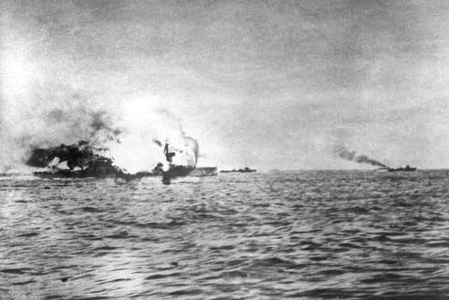 Explosion on HMS Invincible at Battle of Jutland 1916. Picture courtesy of The National Museum of the Royal Navy.