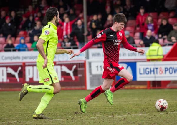 Liam McAlinden shakes off a defender for Crawley Town against Hartlepool United, 5th March 2016. (c) Jack Beard SUS-160319-213958008