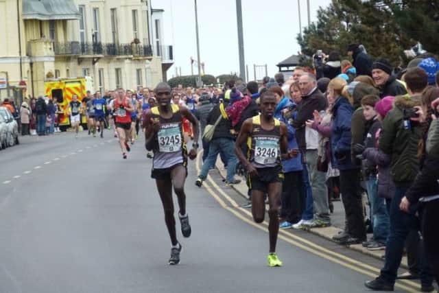 Hastings Half Marathon runner-up Jonas Cheruiyot (left) and winner Robert Mbithi (right). Picture by Simon Newstead (SUS-160320-141652002)
