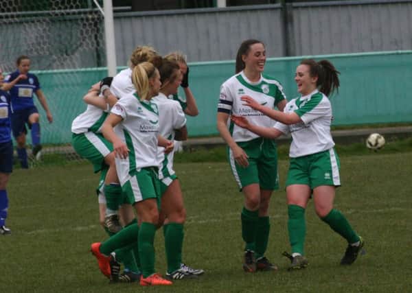 City Ladies celebrate their goal against Larkhall / Picture by John Holden