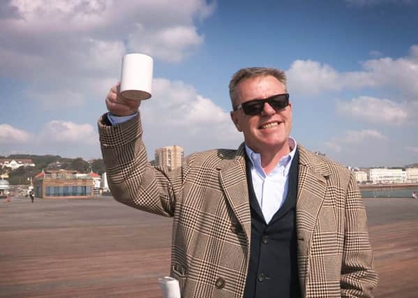 Madness lead singer Suggs at Hastings Pier after finishing off the decking
