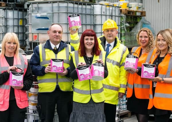 Preparing for the 2016 Kick Out The Can campaign are (left to right): Crown Paints Warehouse Team Leader Julie Millner, Waste & Regulatory HSE Manager Ian Coote, Sustainability Technology Officer Rachel Demaine, Chief Executive of Nimtech David Bowker, Crown Decorating Centres Marketing Manager Paula Taylor and Corporate Communications Executive Danielle Holmes - picture courtesy of Crown