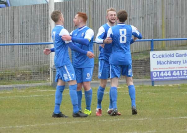 Players celebrate Max Miller's goal against Steyning. Picture by Grahame Lehkyj