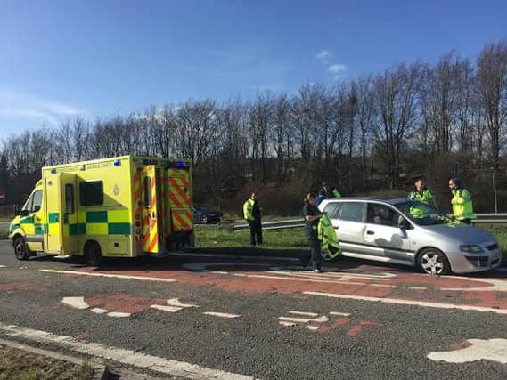 The A27 was partially blocked after a silver hatchback crossed the carriageway SUS-160325-161727001