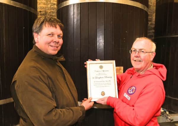 Left James Berrow with Lions member Jim Storey at Langham Brewery           Picture by John Sutton, Clearwater Photography