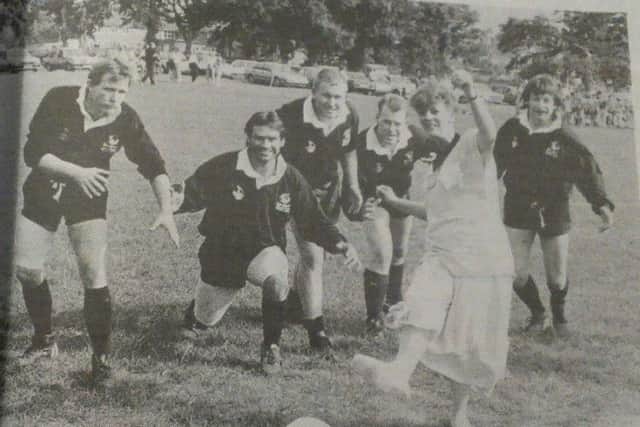 Janice Mackelden kicks off a match at Burgess Hill Rugby Club in 1988