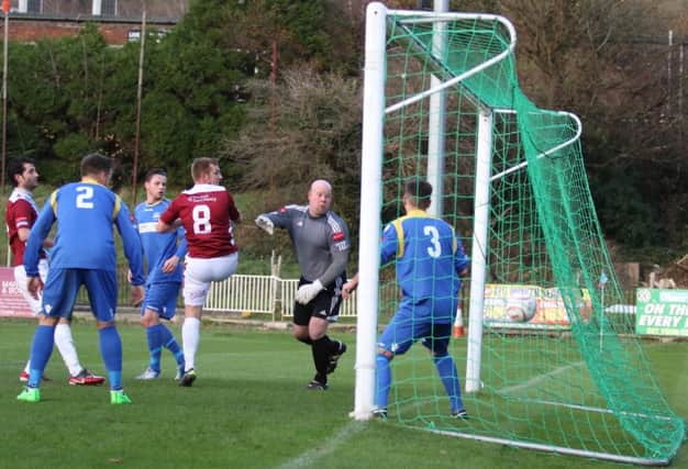 Hastings United score their second goal in the reverse fixture against South Park. Picture courtesy Scott White