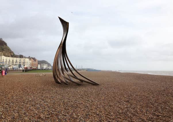 An artist's impression of the Norman long boat sculpture on the beach to mark the 950th anniversary of the Battle of Hastings