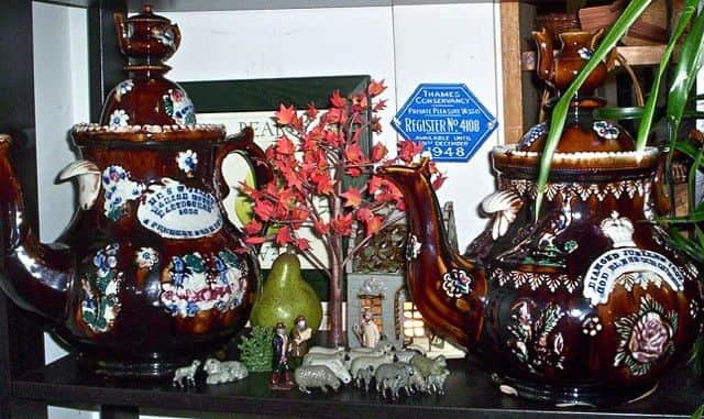 The collection of Measham pottery, with the Eastbourne teapot on the left