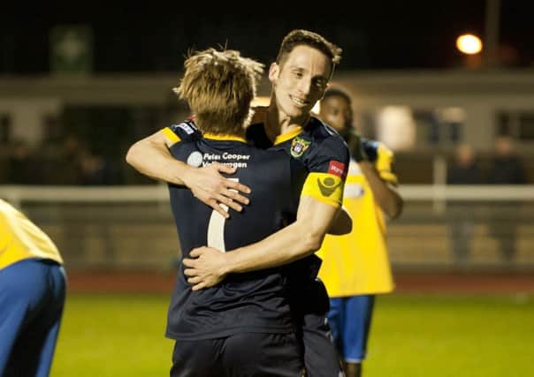 Jason Prior celebrates with Sorre Nilsen after his goal. Picture by Roger Nash