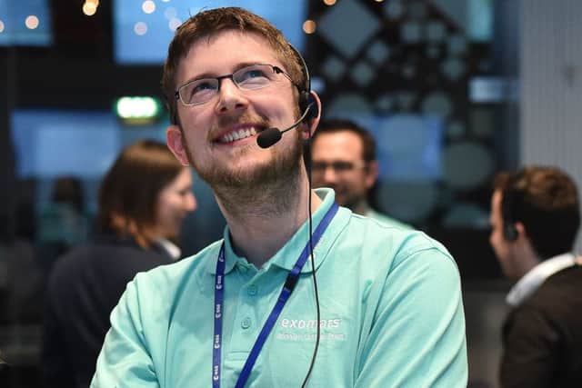 Chris White, 36, from Southwick, West Sussex, at the European Space Agency control centre in Darmstadt after launching the ExoMars spacecraft. Picture: JÃ¼rgen Mai