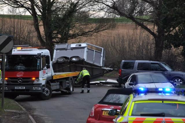 A horse box overturned after a crash in Herstmonceux. Photo by Dan Jessup. SUS-160504-122843001