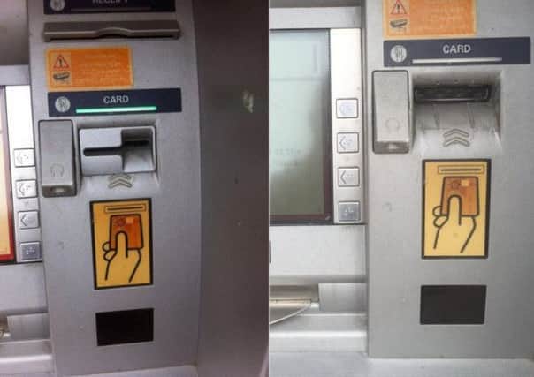 The skimming device in place (left) and the cashpoint with the fradulent device removed (right)