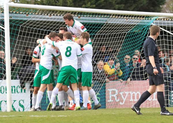 Bognor celebrate a goal in the recent win over Leatherhead / Picture by Tim Hale
