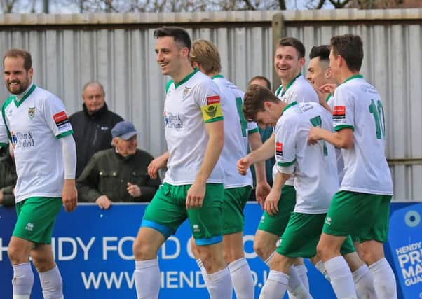 The Rocks celebrate a goal against Leatherhead - they will look for more home success tonight / Picture by Tim Hale