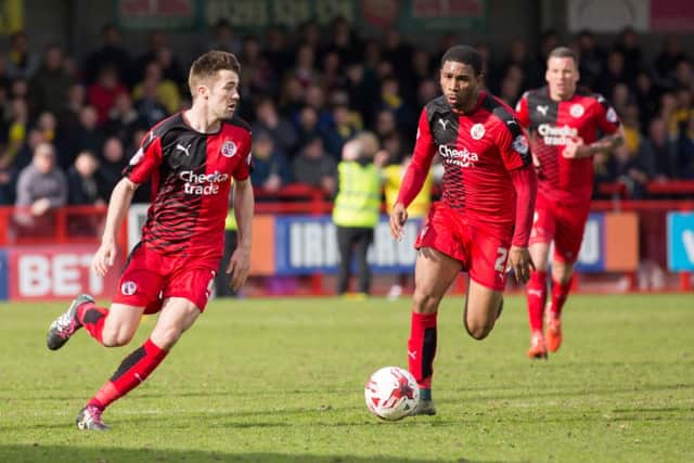 Gwion Edwards and Gavin Tomlin make an attacking run for Crawley Town against Oxford United, 9th April 2016. (c) Jack Beard SUS-160904-224251008