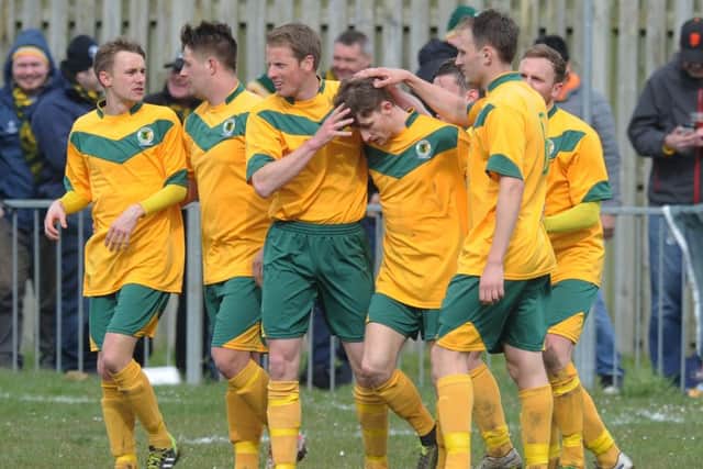 Eastbourne Utd V Horsham FC 9/4/16 - Horsham score their first goal (Photo by Jon Rigby) SUS-161004-162330008