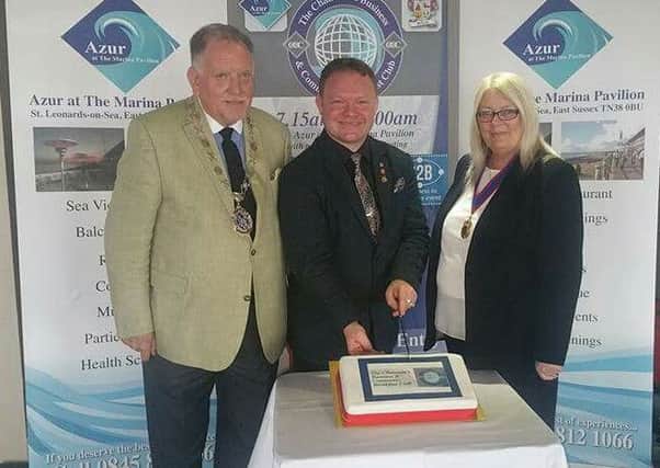 Deputy mayor Judy Rogers and Rother District Council chairman Jimmy Carroll with by Brett McLean at the Chairmans Business and Community Breakfast Club's first anniversary. Photo courtesy of Brett
