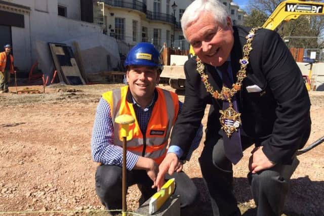 Mayor Michael Donin lays the first brick of the Montague Place improvement scheme, with project manager Michael O'Rourke-Jones SUS-161204-152632001