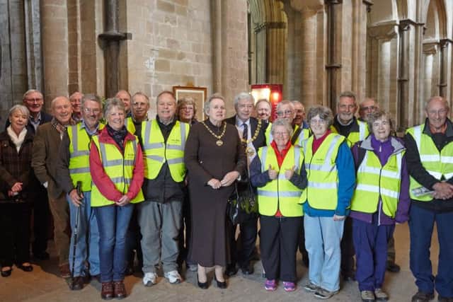 Chichester mayor and mayoress Peter and Philippa Budge with the walkers at Chichester Cathedral