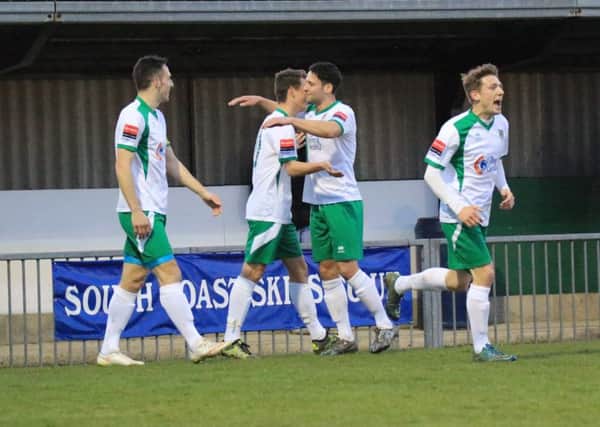 The Rocks celebrate an Alfie Rutherford goal against Wingate - and they were doing the same at Leiston / Picture by Tim Hale