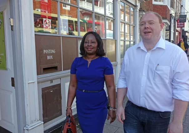 Janet Baah and Cllr Will Elliot outside Lewes Post Office SUS-160413-120124001
