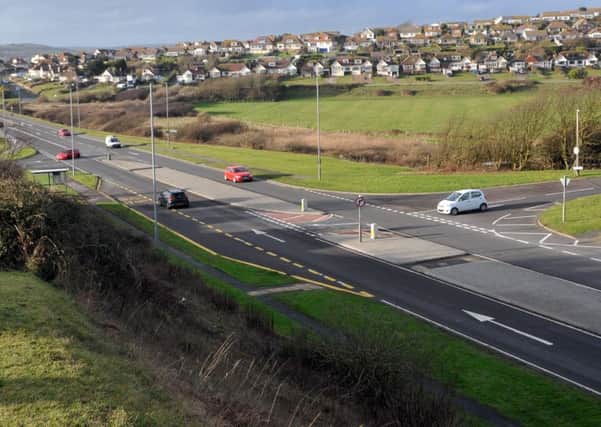 Traffic on the A259 Buckle By-Pass where it becomes Newhaven Road with Hill Rise and Marine Parade joining it and Bishopstone Road in the distance also joining. January 13th 2014 E02026Q ENGSUS00120140113153721
