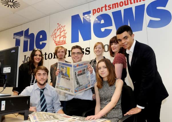 Highbury College students at The News offices: (back l-r) Lola Mayor, Peter Marcus, Imogen Marshall,  and Sasha Barker  with (front l-r) Oli Price, Ermis Madikopoulos, Shannon Johnson and Daniel Chalkley. 

Picture: Sarah Standing (151844-454) PPP-151011-133915001