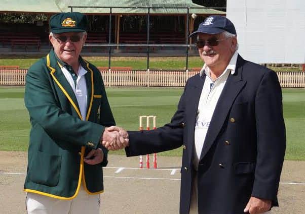 England 70-plus captain Hugh Milner (right) pictured with Australian counterpart Ross Chapman  last year
