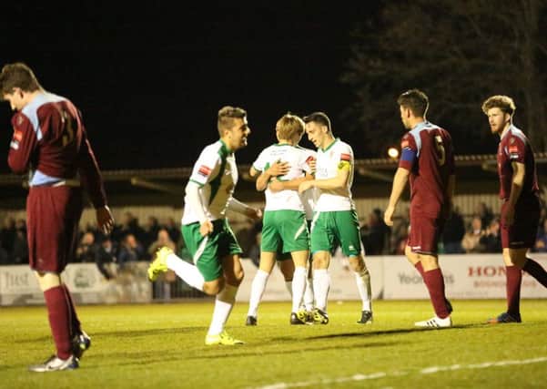 The Rocks celebrate a goal in the recent win over Brentwood / Picture by Tim Hale